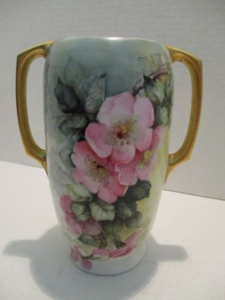 M.  Z.  Austria Hand Painted Double Handle Vase With Gold Trim 7 - 1/2 " Tall