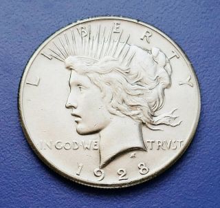Key Date 1928 - P U.  S.  Peace Silver Dollar Almost Uncirculated
