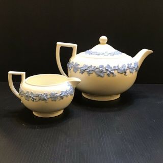 Wedgwood Embossed Queensware Blue On Cream Bute Shape Teapot And Creamer