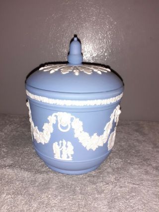 Vintage Wedgewood Blue England Jasperware Covered Jar & Lid