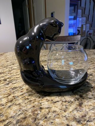 Vintage Haeger Black Cat And Glass Fish Bowl
