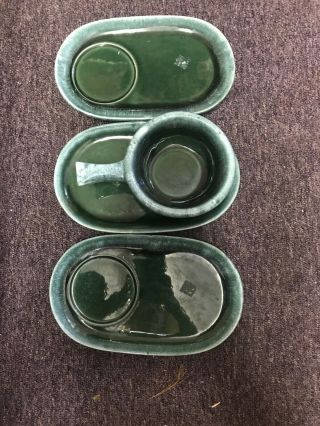Vintage Mcm Hull Pottery Usa Green Drip Onion Soup Dish With 3 Dishes