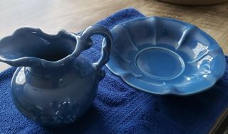 Vintage McCoy Pottery Blue Pitcher and Wash Bowl Basin Set Grape Clusters 2