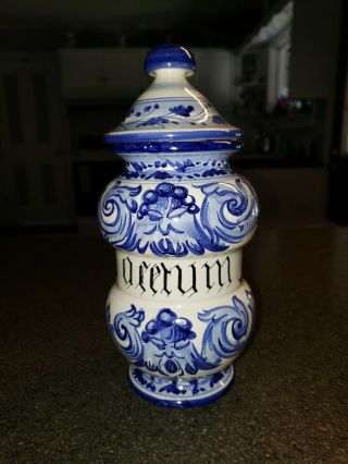 Vintage Select Import From Italy Blue & Whute Ceramic Apothecary Jar Acerum