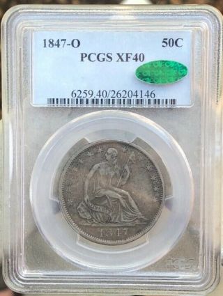 1847 O Seated Liberty Half Dollar Pcgs Xf40 Cac Green Bean Coin