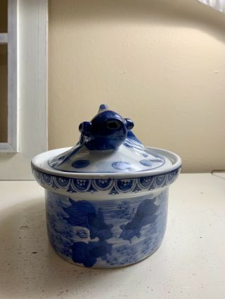 Asian Blue & White Koi Fish Oval Ceramic Lidded Bowl Tureen,  9 