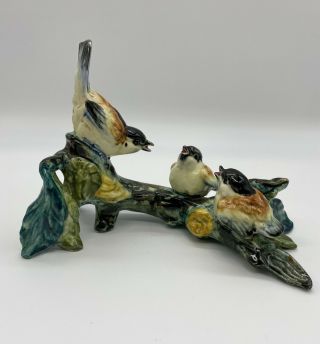 Vintage Majolica Mama Bird & Baby Birds On Branch Figurine