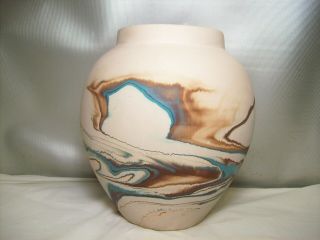 Vintage Nemadji Pottery Swirl Vase Tan Brown Aqua Blue Orange 8 " Usa Hand Made