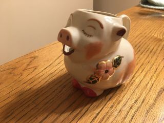 Shawnee Pottery Smiley Pig Creamer Pitcher With Pink Flower Vintage.  Made In Us