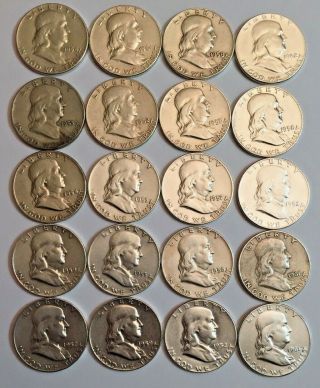 90 Silver Franklin Half Dollars Roll Of (20) Coins (circulated Or Cleaned)