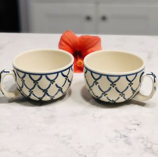 Mugs (2) Vintage Boleslawiec Polish Pottery Mugs / Tea Cups Blue Green 12 Oz