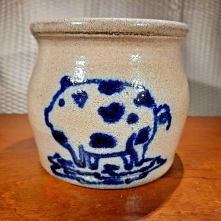 Beaumont Brothers Pottery Salt Glazed Stoneware Crock Blue Pig Signed Dated 1991