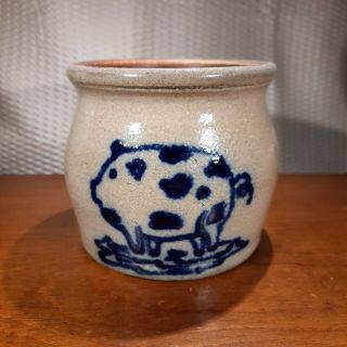 Beaumont Brothers Pottery Salt Glazed Stoneware Crock Blue Pig Signed Dated 1991 2