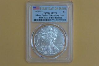 2020 (p) Silver American Eagle $1 Pcgs Ms70 Emergency First Day Of Issue