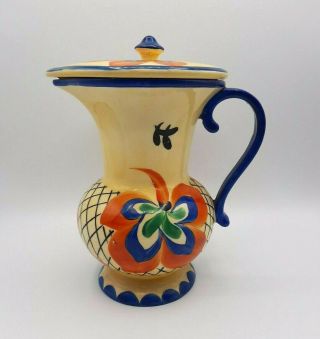 Vtg Lostro Czech Pottery Hand Painted Pitcher Lid Yellow Blue