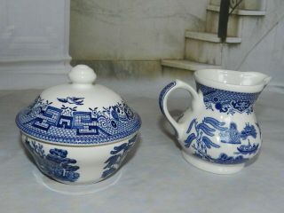 Churchill Blue Willow Creamer And Covered Sugar Bowl Set Georgian Shape England
