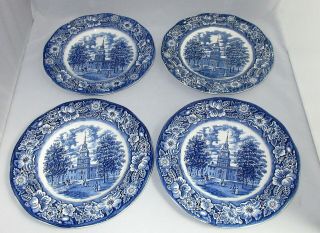 4 Vintage Liberty Blue Historic Colonial Scenes Dinner Plates Independence Hall