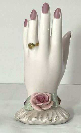 Vintage 1950s Lefton China Hand Painted Pink Roses Bud Vase Or Ring Holder 152