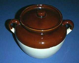 Mccoy Pottery 343 Cookie Jar Or Bean Pot With Handles & Lid 4 Qt Brown & Cream