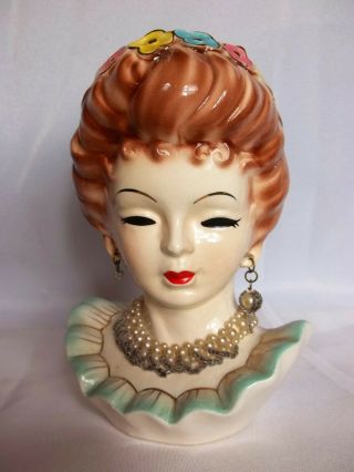 Rare Large 7” - Mcm Vintage Lady Head Vase Empress W/ Large Pearl Necklace