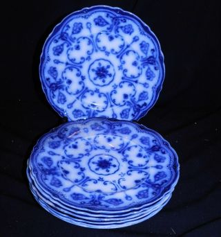 Antique Flow Blue Wharf Pottery " Conway " Set Of 7 Luncheon Plates,  9 ",  Good