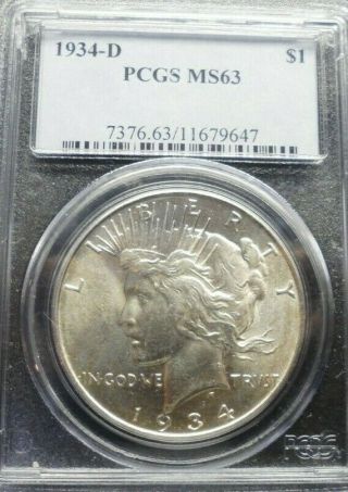 1934 - D Peace Dollar Pcgs Ms63 Old Blue Holder