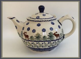Boleslawiec Polish Pottery Teapot - Christmas Tree With Reindeer & Snowflakes