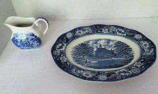 Vintage Staffordshire Liberty Blue 12 " Platter,  Cream Pitcher - Made In England