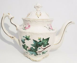 Crown Dorset Staffordshire England Ceramic Teapot Green Leaves Pink Flowers