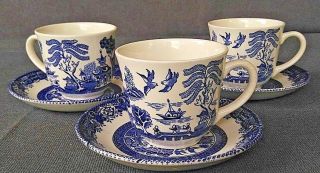 Wood And Sons China Blue Willow Cups And Saucers Set Of 3