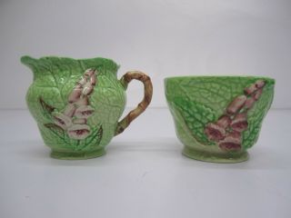 Vtg Carlton Ware Floral Foxglove Sugar Bowl & Creamer Set Green Hand Painted
