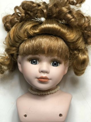 Vtg Porcelain 5” Doll Head Bust Parts Auburn Top Updo Wig Blue Eyes Eyelashes
