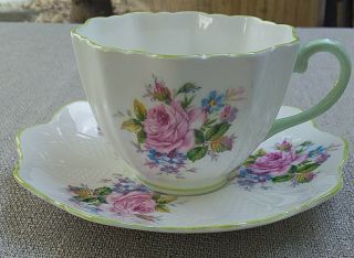 Paragon Double Queen Tea Cup And Saucer Set Delicate Green Handle And Pink Roses