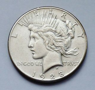 Key Date 1928 - P U.  S.  Peace Silver Dollar Extra Fine - Cleaned