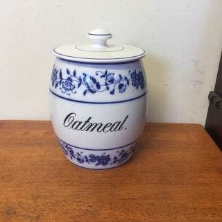 Antique German China Blue Onion " Oatmeal " Large Cannister / Jar.  With Lid