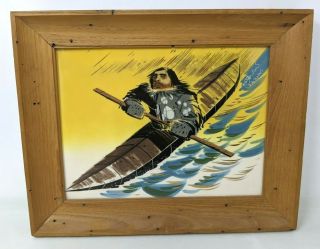 Vtg Mcm Matthew Adams Alaska Series Eskimo Kayak Framed Painted Art Tile Tt20