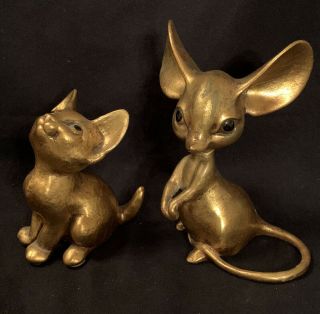 2 Vintage Mcm Freeman Mcfarlin California Pottery Gold Leaf Cat/kitten & Mouse