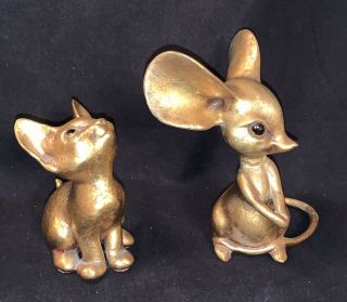 2 Vintage MCM Freeman McFarlin California Pottery Gold Leaf Cat/Kitten & Mouse 3