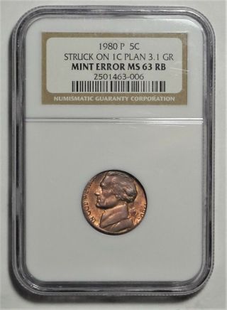 Error 1980 5c On 1c Planchet Ngc Ms63rb Red Brown Unc Jefferson Nickel Coin