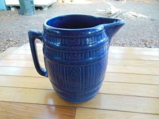 Antique Stoneware Pottery Large Blue Barrel Water Pitcher With Ice Lip