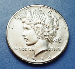 Key Date 1928 - P U.  S.  Peace Silver Dollar Almost Uncirculated Cond - Cleaned