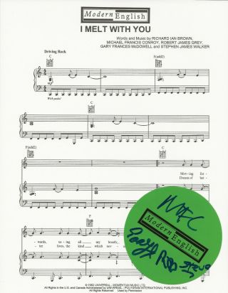 Modern English Real Hand Signed I Melt With You Sheet Music 1 Autographed