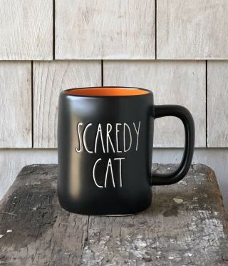 Rae Dunn Halloween Mug “scaredy Cat” Orange Interior Htf
