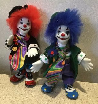 Show Stoppers Set /2 Clown Porcelain Dolls Collectible Chaps 6.  5” Tall