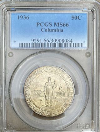 1936 Columbia Commemorative Silver Half Dollar - Pcgs Ms 66 - Strong Strike