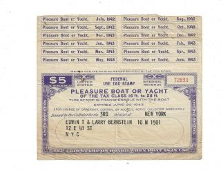 Us Stamps Revenues Special Tax Stamp Pleasure Boat Or Yacht 1943 Ecv 125.  00