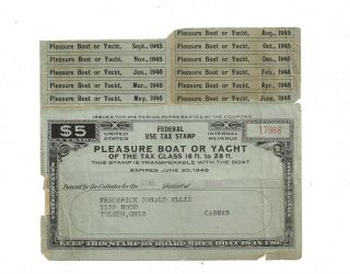 Us Stamps Revenues Special Tax Stamp Pleasure Boat Or Yacht 1946 Ecv 125.  00