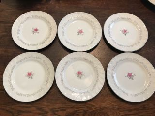 Set Of Six Royal Swirl China Pink Roses Silver Rim 7.  5/8 " Salad Plates Japan