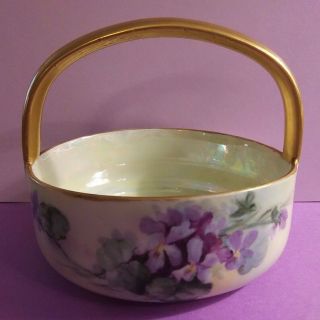 Antique Mz Austria Handled Porcelain Basket Bowl Handpainted Violets Pre - 1909
