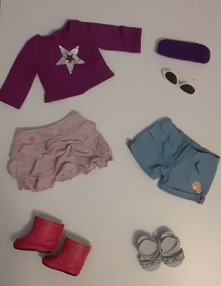 American Girl Doll Clothes: Shirt,  Shorts,  Skirt,  Sandals.  Doll Not Incl 